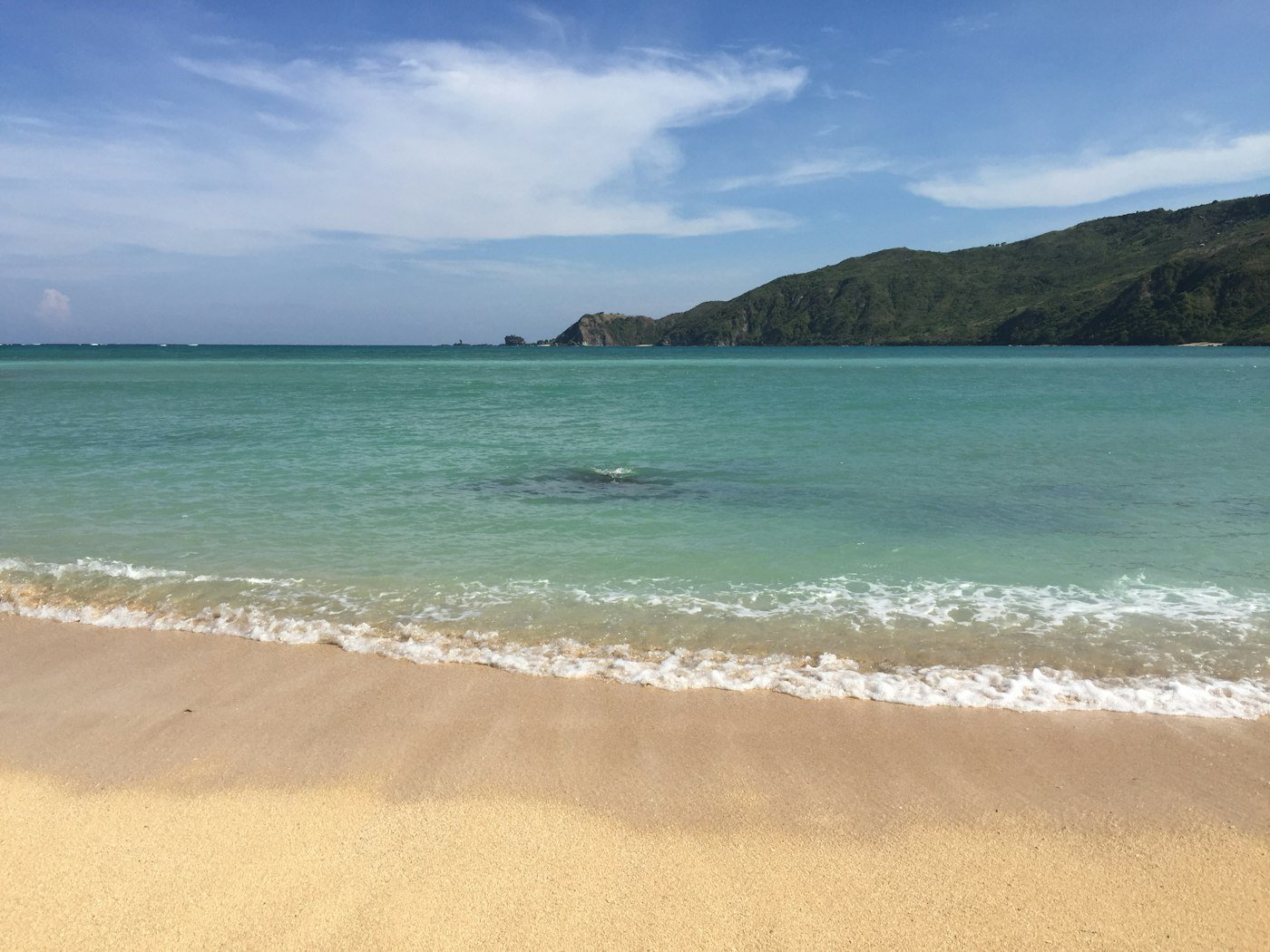 Waves rolling into a sandy bay below a green hill